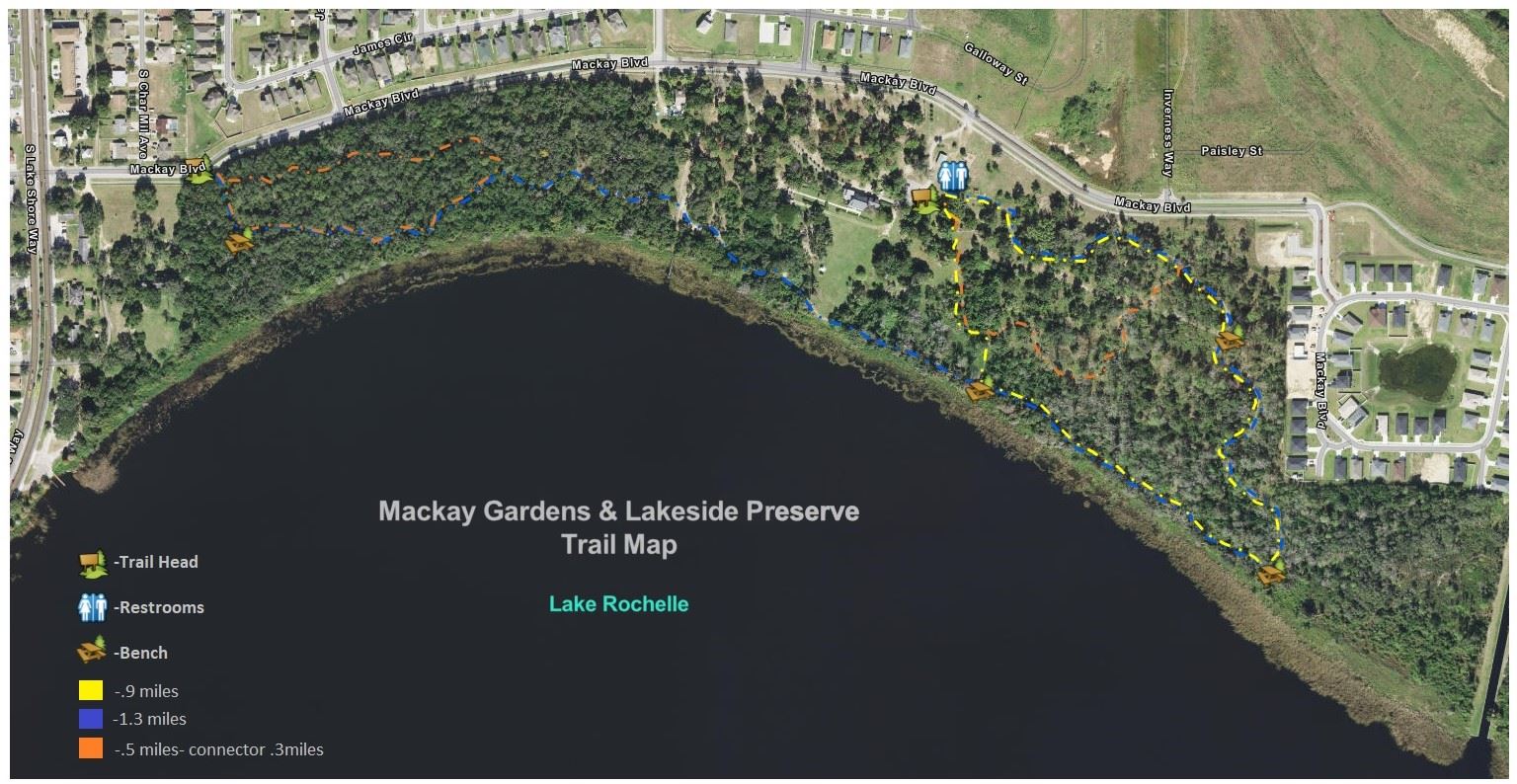 A map detailing walking paths through Mackay Gardens
